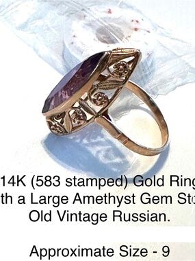 14K Gold Amethyst Cocktail Ring - Purple Gemstone - Russian Vintage Gorgeous